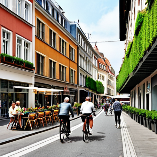 Home 19 **Prompt:** A vibrant, densely populated European city street scene showcasing a mix of architectural styles. Modern high-rise apartments blend with renovated older buildings. Green roofs and vertical gardens adorn many buildings. Cyclists use dedicated bike lanes, and electric buses navigate the streets. Pedestrians stroll along wide sidewalks filled with cafes and shops. The overall atmosphere is bustling, eco-friendly, and reflects sustainable urban living.