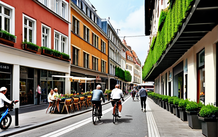 **Prompt:** A vibrant, densely populated European city street scene showcasing a mix of architectural styles. Modern high-rise apartments blend with renovated older buildings. Green roofs and vertical gardens adorn many buildings. Cyclists use dedicated bike lanes, and electric buses navigate the streets. Pedestrians stroll along wide sidewalks filled with cafes and shops. The overall atmosphere is bustling, eco-friendly, and reflects sustainable urban living.