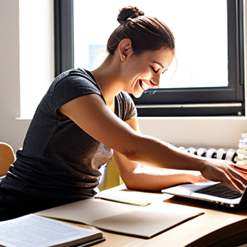 Home 18 ** A person sitting at an organized, ergonomic desk with books, notes, and a laptop, bathed in soft, natural light. The person is taking a short break, stretching their back with a smile. The scene should evoke a sense of calm and focused study. Caption suggestion: "Creating the ideal study environment for urban planning exam success."
**