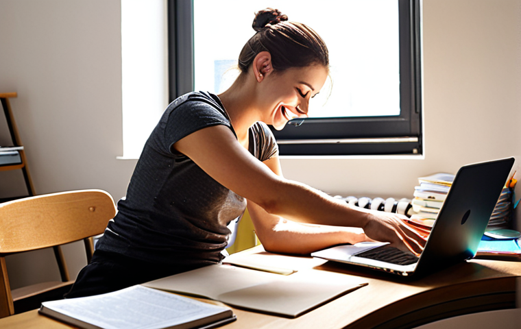 ** A person sitting at an organized, ergonomic desk with books, notes, and a laptop, bathed in soft, natural light. The person is taking a short break, stretching their back with a smile. The scene should evoke a sense of calm and focused study. Caption suggestion: "Creating the ideal study environment for urban planning exam success."
**