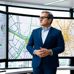A professional urban planner, fully clothed in a modest business suit, stands in a modern, brightly lit city planning office. They are thoughtfully analyzing large holographic displays and digital screens showing real-time urban data, intricate GIS maps, traffic flow visualizations, and AI-generated predictive models for future city development. The pose is natural, showcasing perfect anatomy, correct proportions, well-formed hands, and proper finger count. The setting emphasizes innovation and data-driven decision-making. Professional dress, appropriate attire, safe for work, appropriate content, family-friendly.