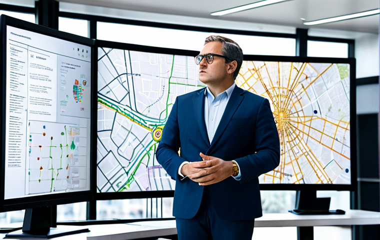 A professional urban planner, fully clothed in a modest business suit, stands in a modern, brightly lit city planning office. They are thoughtfully analyzing large holographic displays and digital screens showing real-time urban data, intricate GIS maps, traffic flow visualizations, and AI-generated predictive models for future city development. The pose is natural, showcasing perfect anatomy, correct proportions, well-formed hands, and proper finger count. The setting emphasizes innovation and data-driven decision-making. Professional dress, appropriate attire, safe for work, appropriate content, family-friendly.