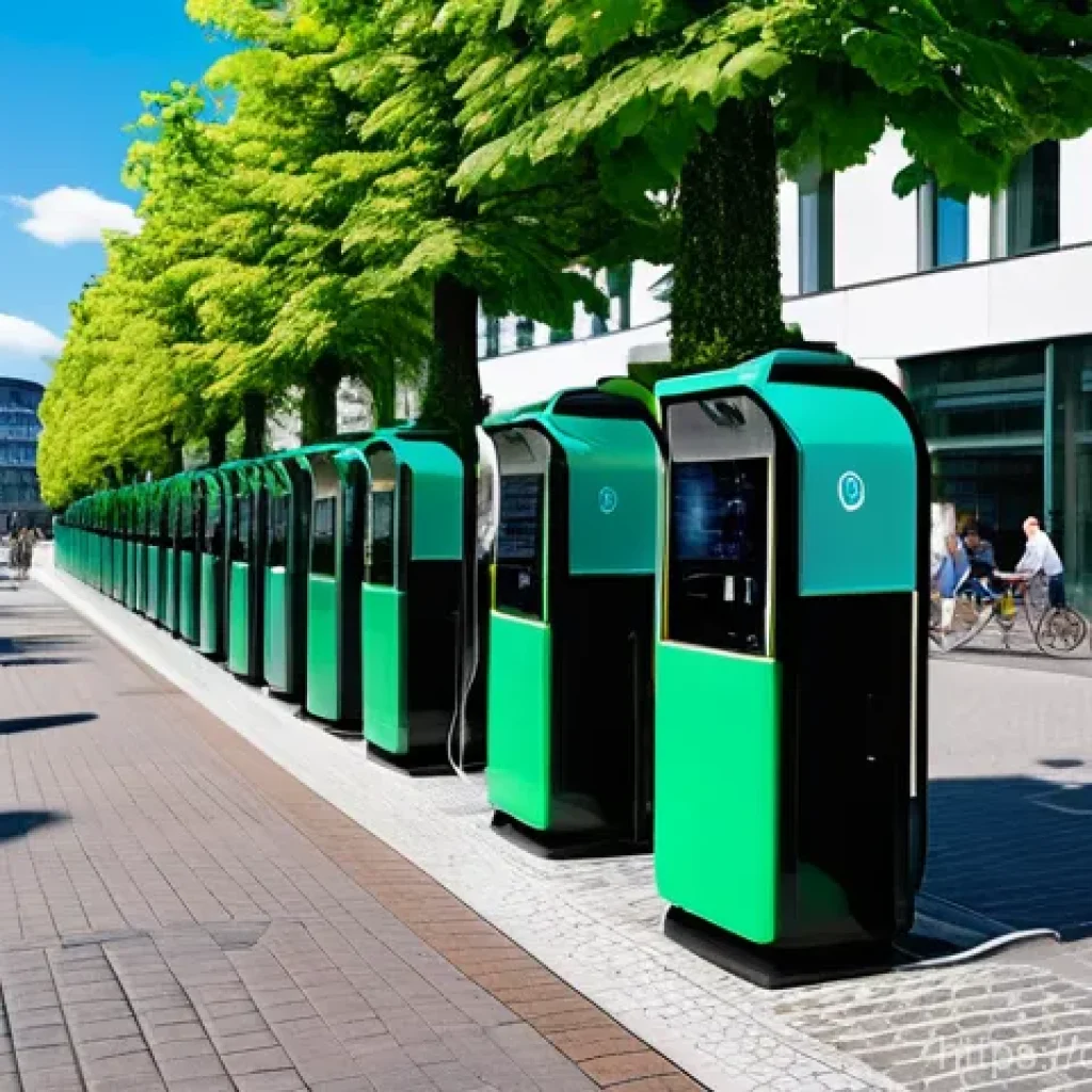 도시계획 이직 시 면접 준비 - **Prompt:** A bustling, futuristic German city street designed with climate adaptation in mind. Focu...