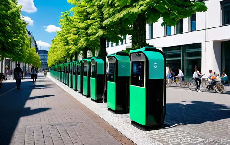 도시계획 이직 시 면접 준비 - **Prompt:** A bustling, futuristic German city street designed with climate adaptation in mind. Focu...