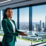 Home 9 도시계획 전문가 연봉 협상 - **Prompt:** A confident, diverse female urban planner, mid-30s, stands in a brightly lit, futuristic...