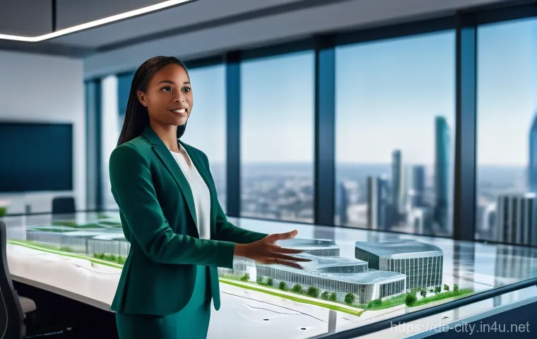 도시계획 전문가 연봉 협상 - **Prompt:** A confident, diverse female urban planner, mid-30s, stands in a brightly lit, futuristic...