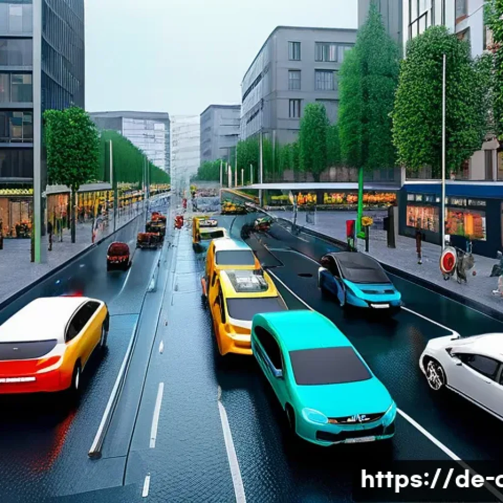 도시계획 실무에서의 시뮬레이션 활용 - A detailed urban traffic simulation scene in a modern German city during rush hour, showing a digita...