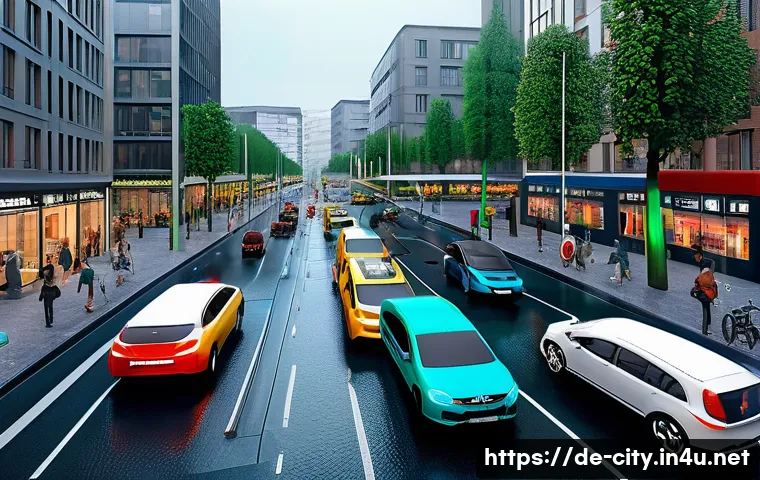 도시계획 실무에서의 시뮬레이션 활용 - A detailed urban traffic simulation scene in a modern German city during rush hour, showing a digita...