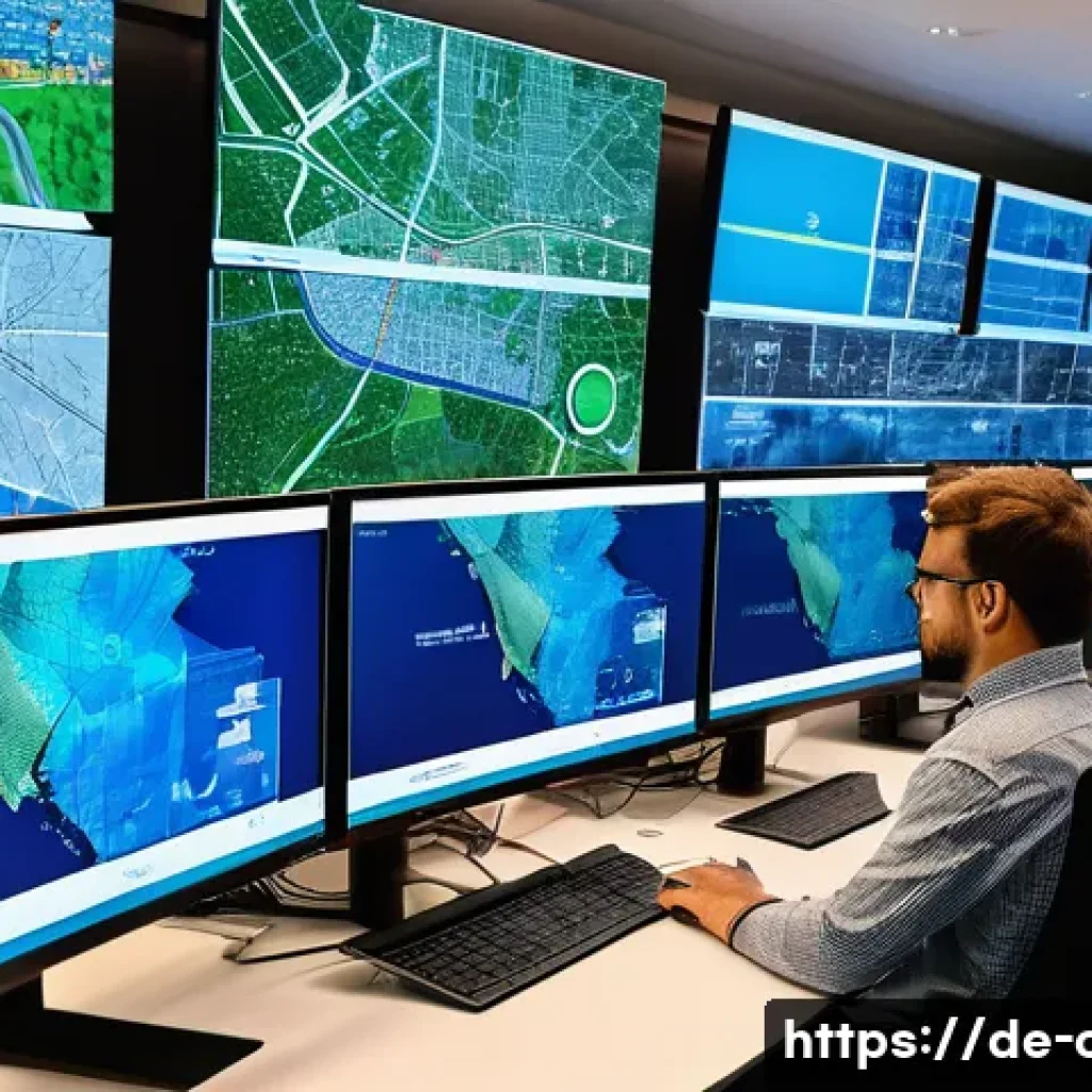 도시계획 실무에 필요한 기술 - A detailed urban planning control room showcasing multiple large digital screens displaying interact...