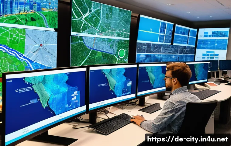 도시계획 실무에 필요한 기술 - A detailed urban planning control room showcasing multiple large digital screens displaying interact...