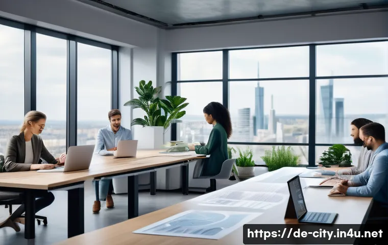 도시계획 관련 업무에서의 스트레스 관리 - A modern urban city planning office scene showing a diverse team of professionals collaborating arou...