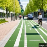 Home 21 도시계획 전문가의 업무 일기 - A vibrant urban street scene in a modern German city showcasing the integration of bicycle and pedes...