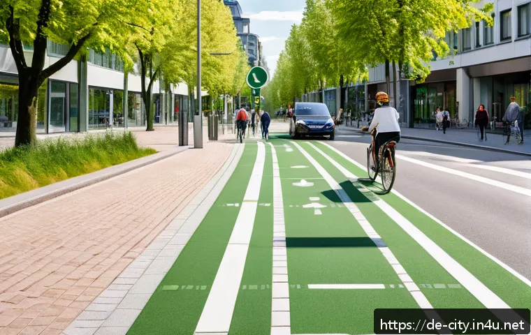 도시계획 전문가의 업무 일기 - A vibrant urban street scene in a modern German city showcasing the integration of bicycle and pedes...