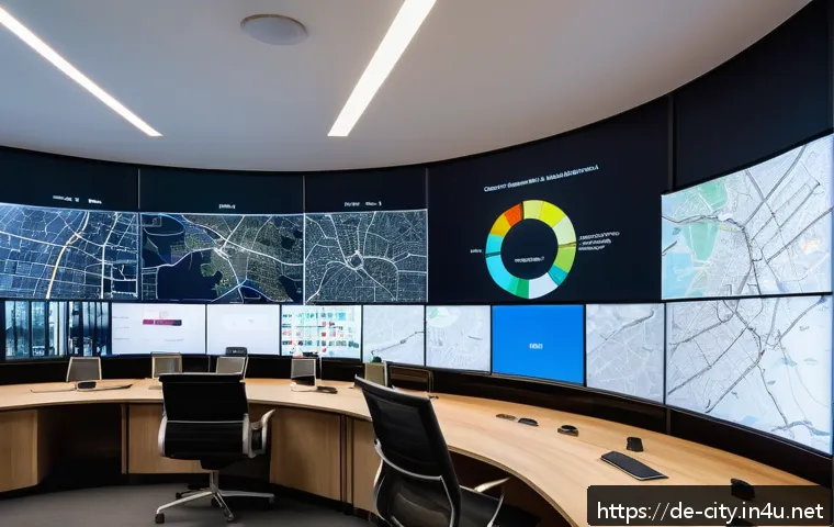 도시계획 전문가의 전문성 강화 방법 - A detailed urban planning control room featuring large digital screens displaying GIS maps of Berlin...