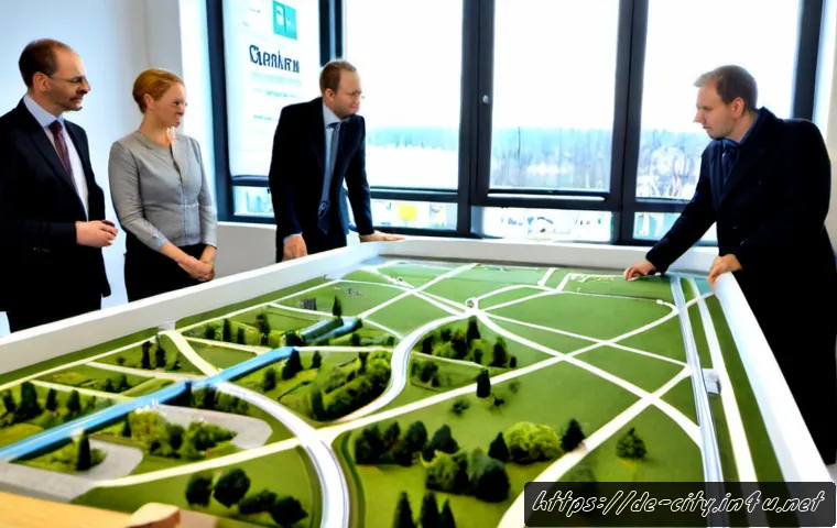 도시계획 관련 주요 업무 사례 - Photorealistic urban planning consultation in a modern German municipal office, diverse planners stu...
