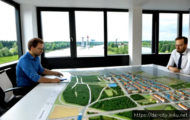 도시계획 실무에서의 리스크 관리 - Photorealistic urban planning risk management meeting in a modern German municipal office, diverse t...