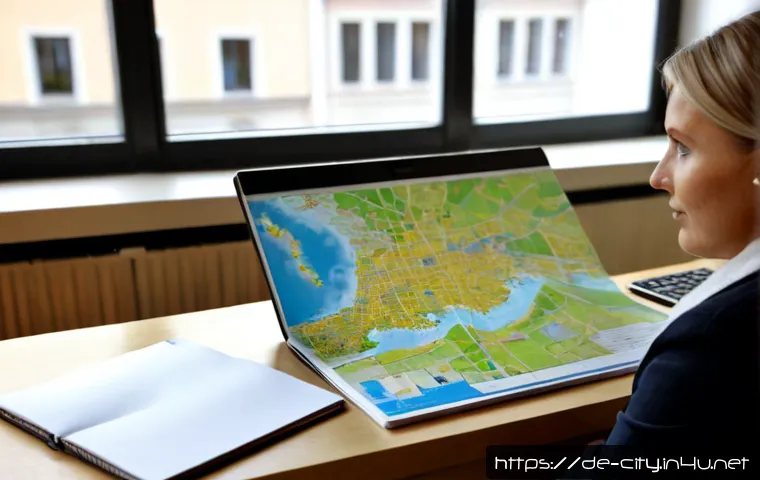 Home 17 도시계획 관련 업무 일기 - Photorealistic urban planner’s work diary scene in a bright German municipal planning office, a midd...